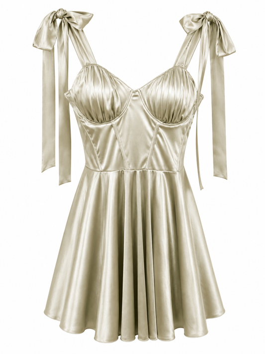 Vestido satinado champagne con lazos CLEV Talla P Usado