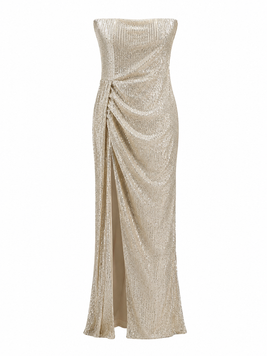 Vestido champagne brillante con drapeado talla M usado