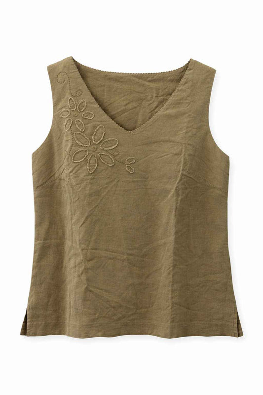 Blusa beige oscuro bordada sin mangas Marca NORTON MCNAUGHTON Talla PS Usado