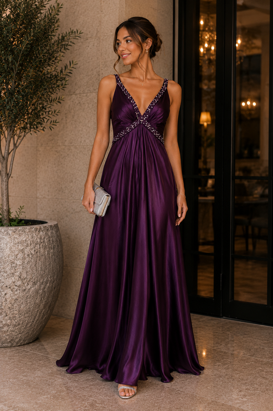 Vestido morado satinado con pedrería OC OC talla 4 usado