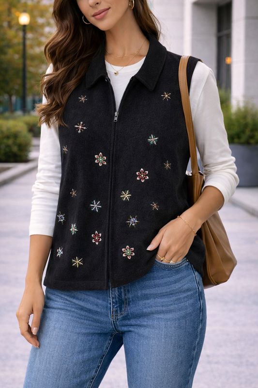 Chaleco tejido negro con bordados Marca Christopher & Banks Talla M Usado