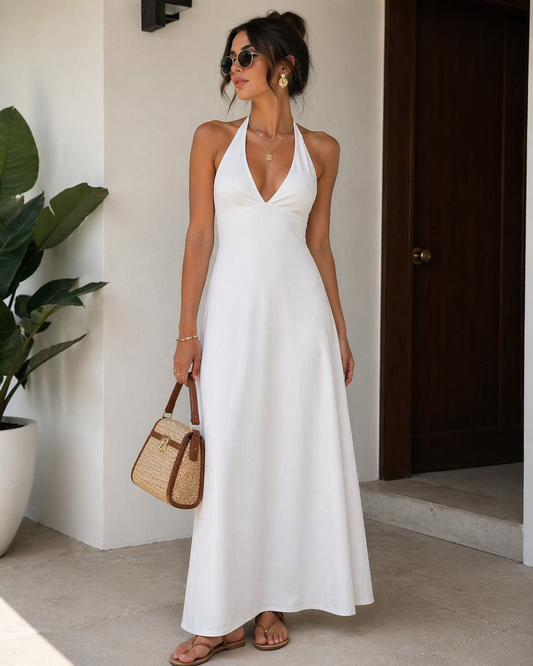 Vestido largo blanco halter Marca ZARA Talla S Nuevo con etiqueta