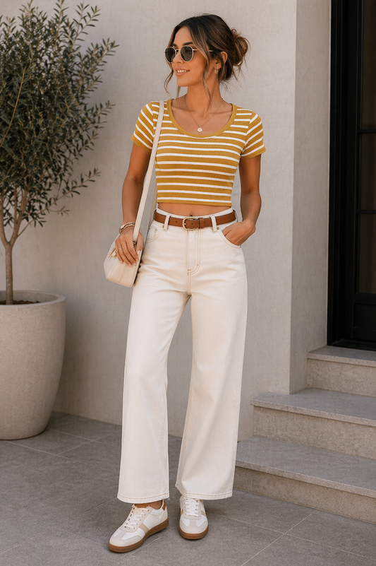 Camiseta crop rayas mostaza Marca RACK Talla 8 Nuevo con etiqueta