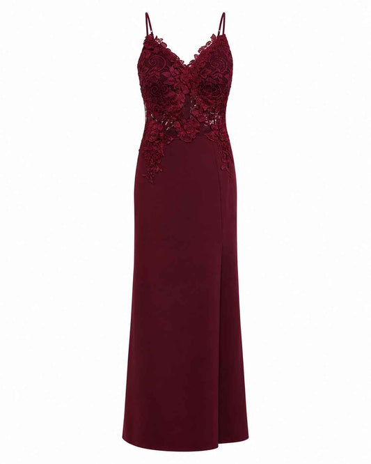 Vestido largo vino con encaje floral VDK Fashion Talla S/M Usado