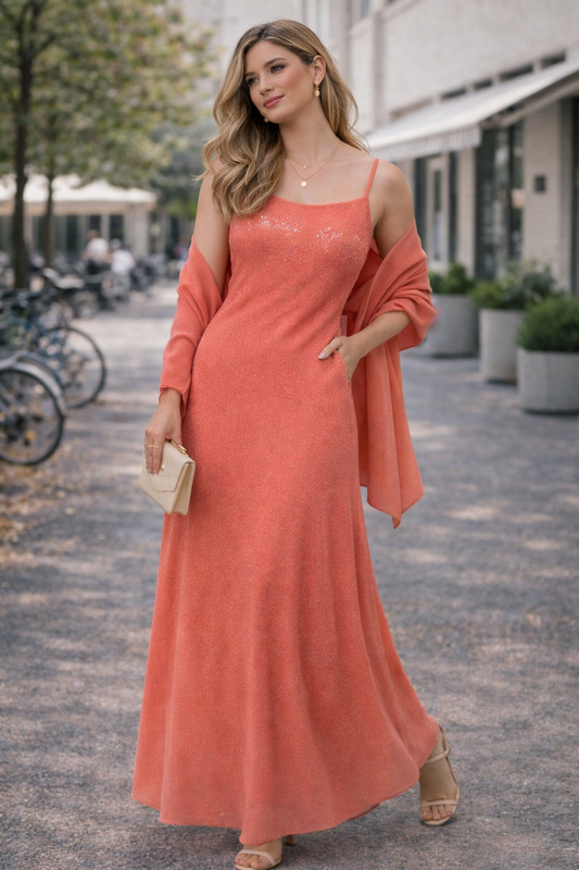 Vestido largo coral con brillo Marca Cachet Talla 4 Usado