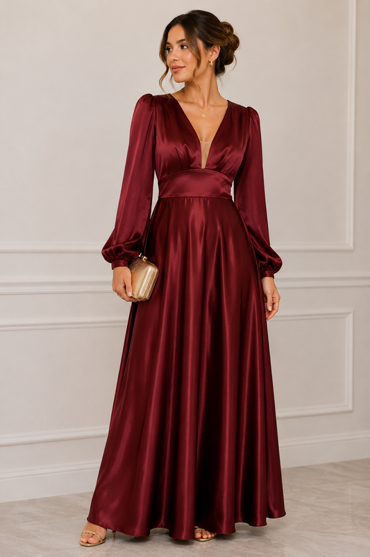 Vestido vino satinado con mangas largas talla M usado