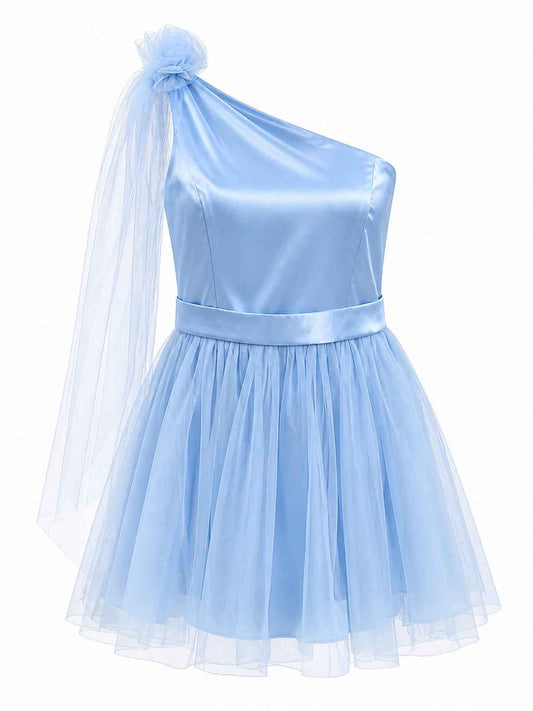 Vestido satinado celeste de tul asimétrico Talla S Nuevo sin etiqueta
