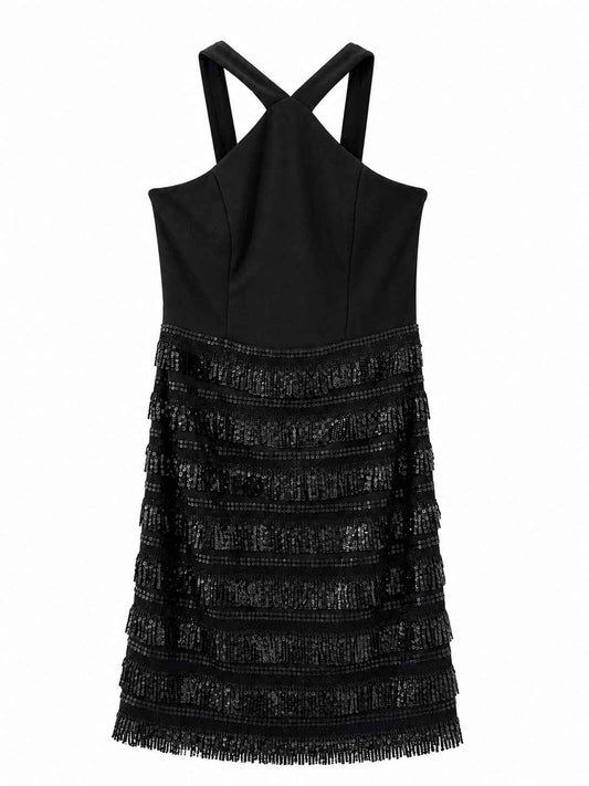 Vestido negro con flecos y pedrería ADRIANA PAPELL Talla US 6 Usado