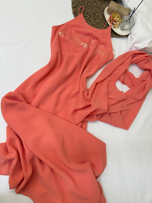 Vestido largo coral con brillo Marca Cachet Talla 4 Usado