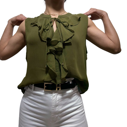 Blusa verde oliva Tommy Hilfiger con volantes frontales Talla L usado