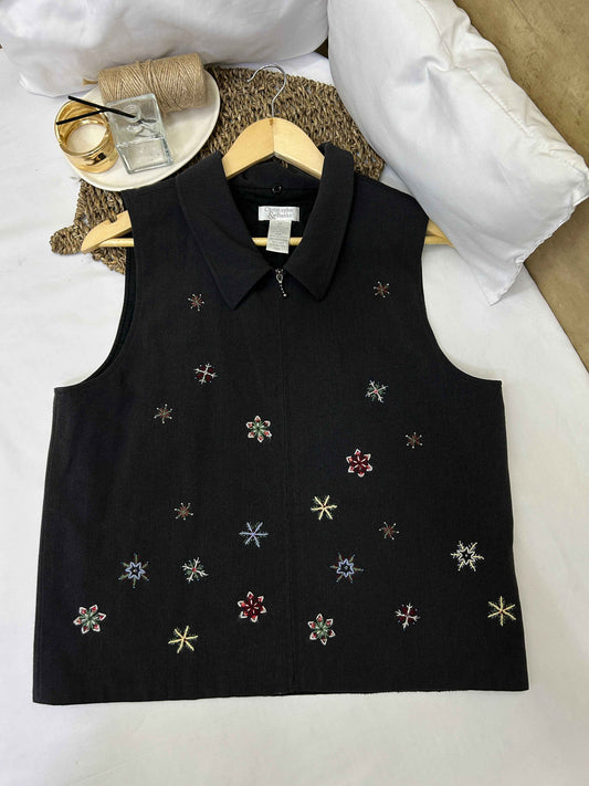 Chaleco tejido negro con bordados Marca Christopher & Banks Talla M Usado