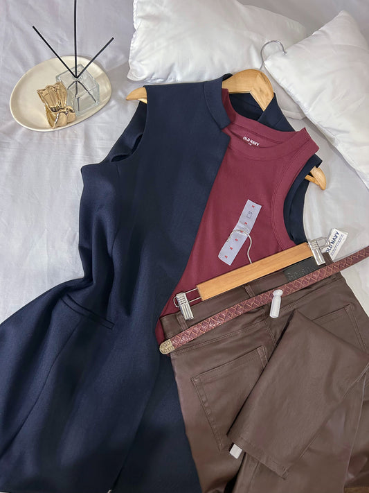 Outfit Casual Chic – Chaleco KOAJ L + Bividi Old Navy M + Pantalón Bershka EUR 38