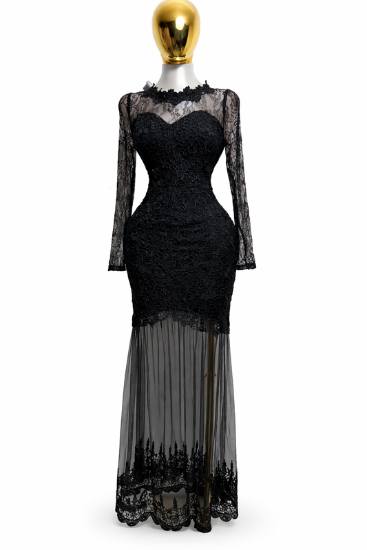 Vestido largo negro con encaje y tul Marca Nikibiki Talla M Usado