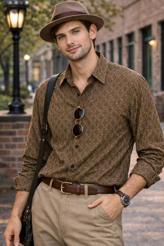 Camisa estampada café vintage hombre Claiborne Talla M usado