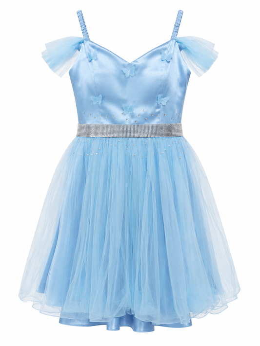 Vestido celeste princesa con tul y mariposas talla S usado