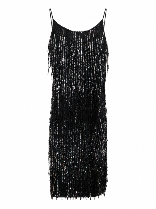 Vestido negro de lentejuelas con flecos talla S usado