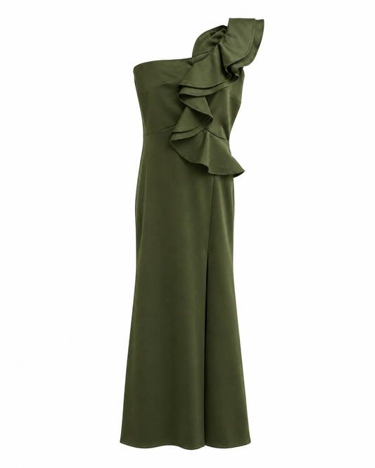 Vestido verde olivo asimétrico con vuelos talla S usado