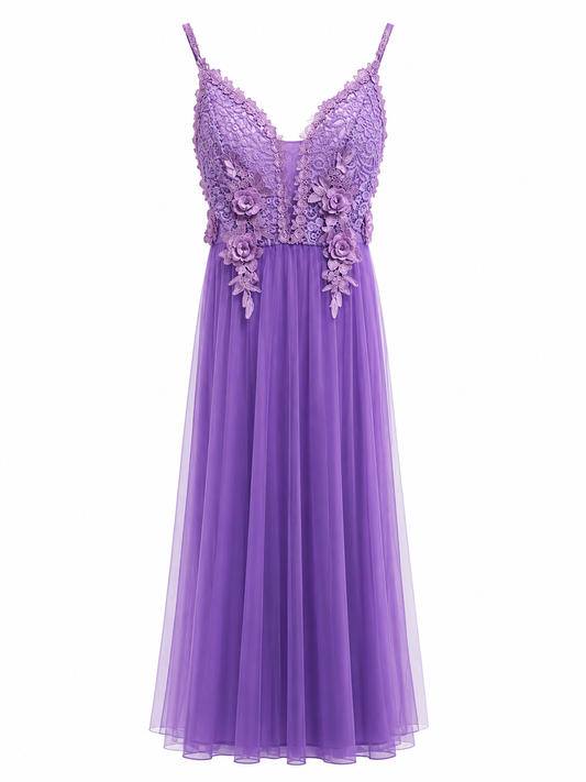 Vestido lila con encaje floral y tul talla S usado