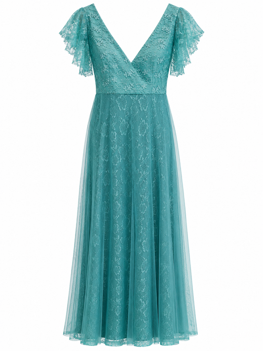 Vestido turquesa con encaje y tul Ever Pretty talla L usado