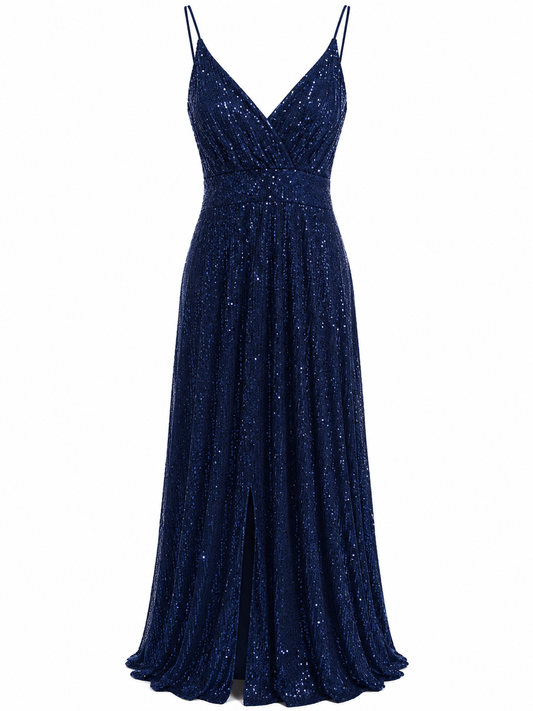 Vestido azul marino brillante con escote cruzado talla S usado