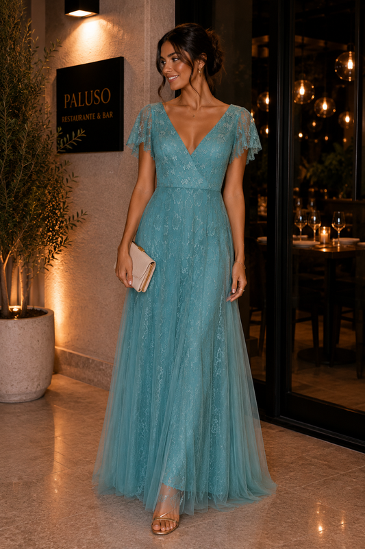 Vestido turquesa con encaje y tul Ever Pretty talla L usado