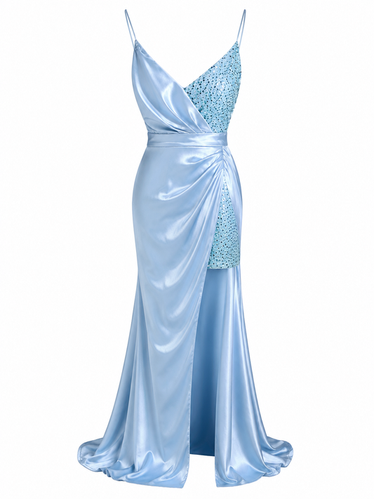 Vestido celeste satinado con brillo talla S usado