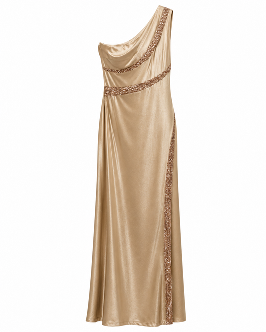 Vestido champagne asimétrico con pedrería talla M usado