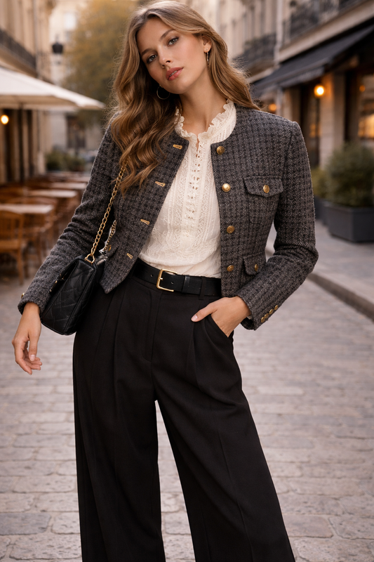 Chaqueta tweed gris Marca Andrea Madrid Talla S Usado