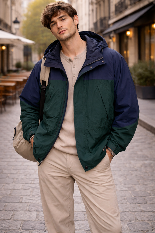 Chaqueta impermeable bicolor verde y azul Marca Eddie Bauer Talla L-G Usado