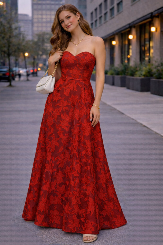 Vestido largo strapless rojo floral MOTF Talla M nuevo