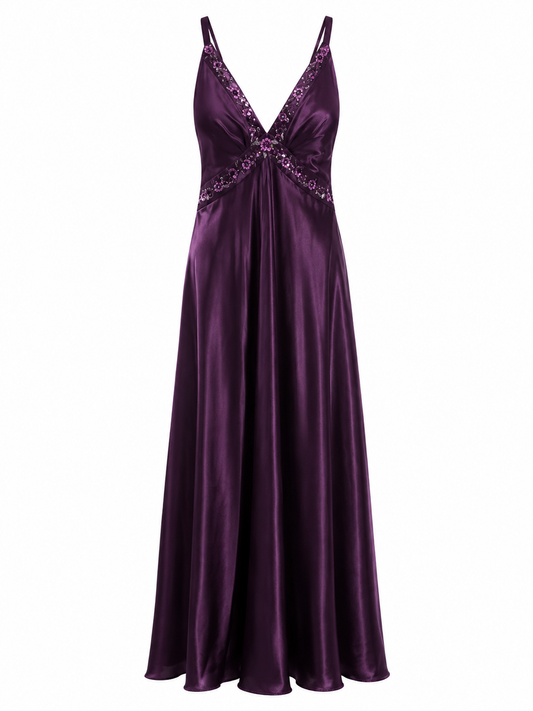 Vestido morado satinado con pedrería OC OC talla 4 usado