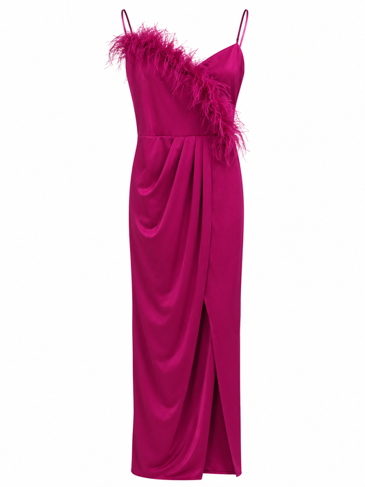 Vestido fucsia satinado con plumas Chicways talla M usado