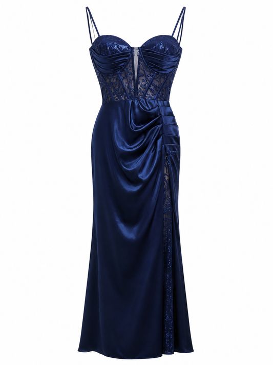Vestido azul marino satinado con corset talla S usado
