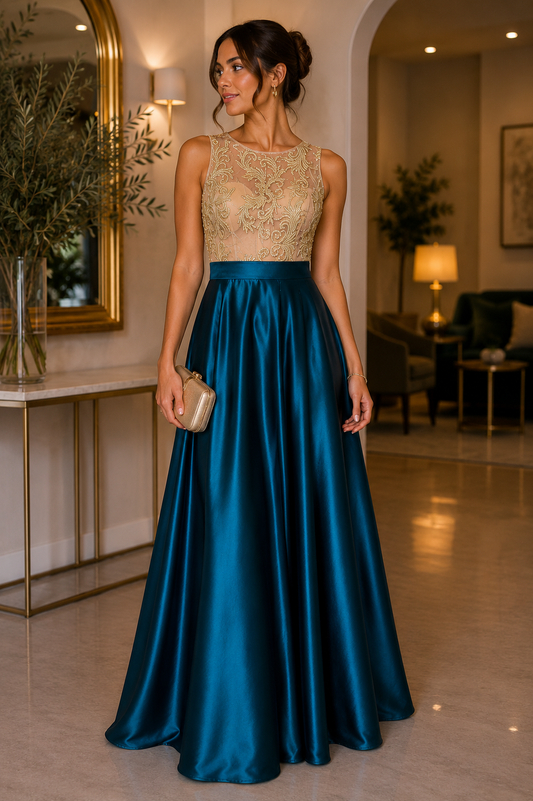 Vestido largo elegante con falda azul petróleo talla M usado