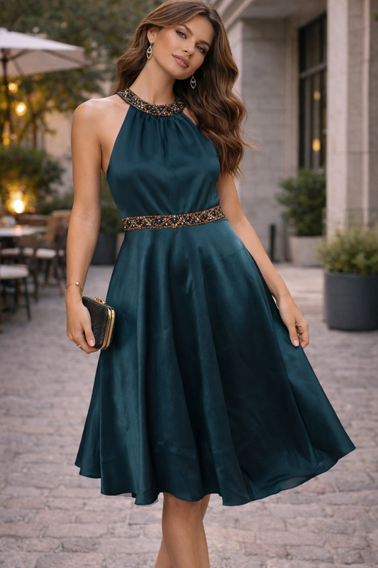 Vestido midi satinado azul petróleo Marca Nicole Talla 12 Usado