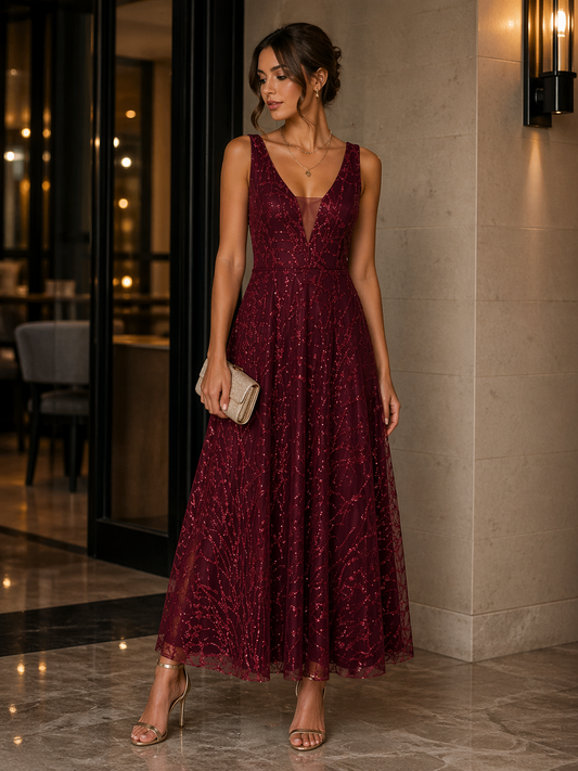 Vestido largo vino bordado brillante Marca AMCAR Usado