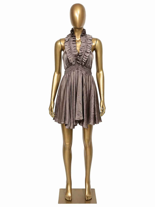 Vestido corto satinado taupe con vuelos Marca Double Zero Talla M Nuevo con etiqueta