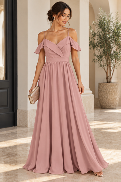 Vestido largo rosa palo off shoulder  Talla S  Usado