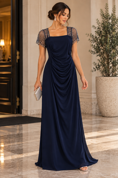 Vestido largo azul navy con mangas de pedrería B&A  Talla 4  Nuevo