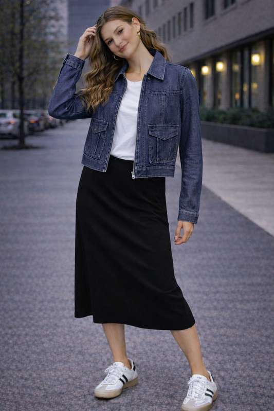 Chaqueta tipo cuerina azul oscuro CollectionB Talla XS usado