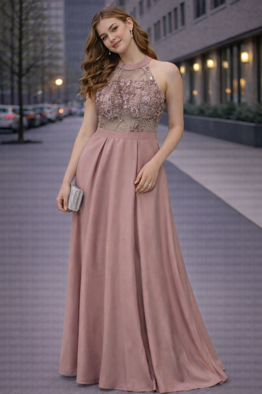 Vestido maxi rosa con encaje floral talla M usado