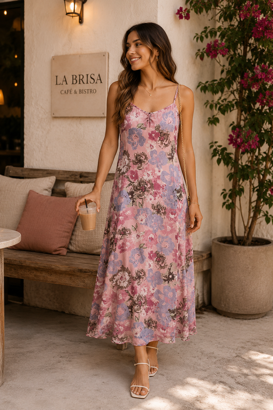 Vestido rosado floral con tirantes talla S usado