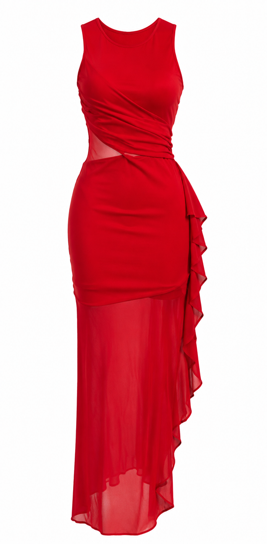Vestido rojo asimétrico con transparencias Novedades Kaliz talla M usado