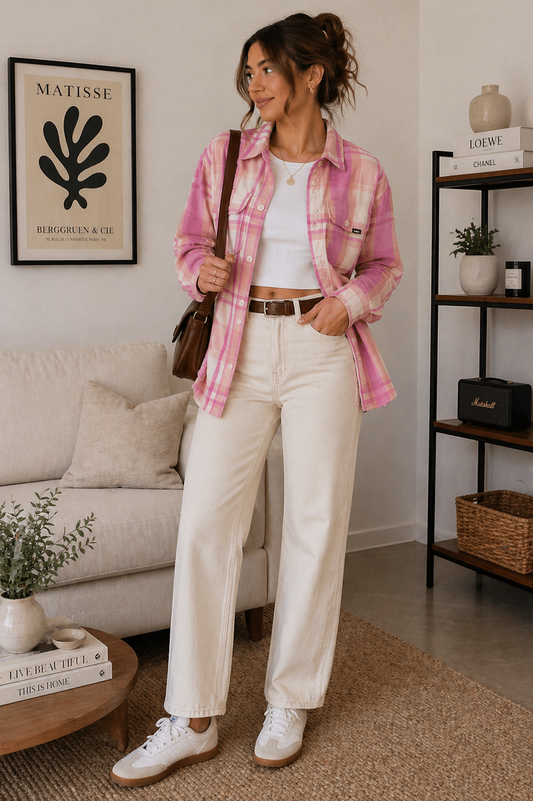 Camisa a cuadros rosada oversize Marca VANS Talla S Usado