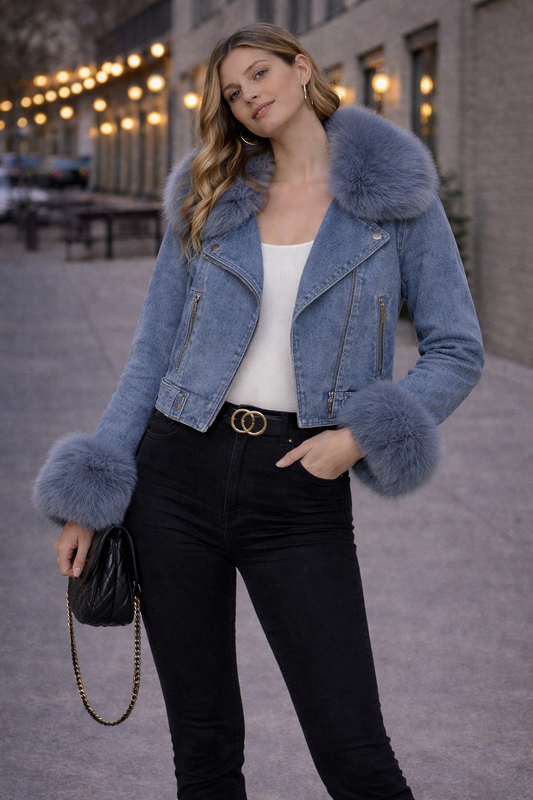 Casaca denim con cuello y puños afelpados mujer Fashion Talla S usado