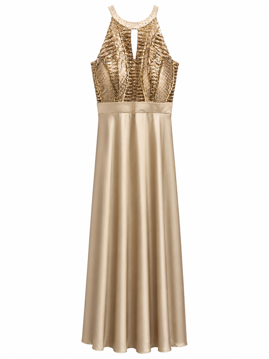 Vestido champagne con bordado dorado talla XL usado