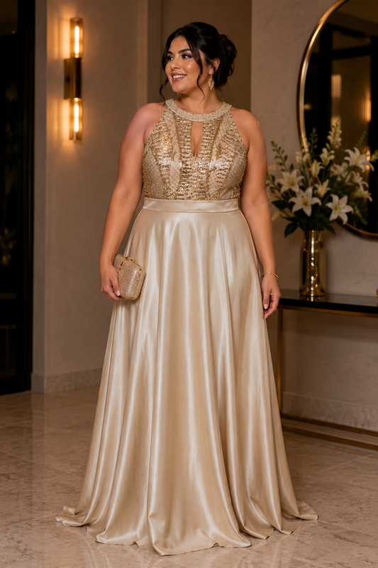 Vestido champagne con bordado dorado talla XL usado