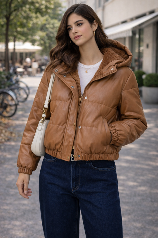 Chaqueta acolchada café con capucha Talla G Usado