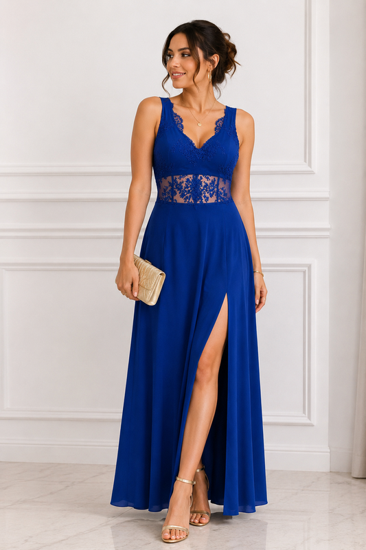 Vestido azul rey con encaje y brillo talla S usado