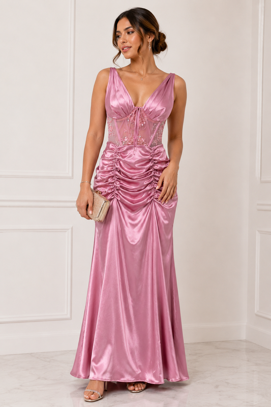 Vestido rosado satinado con corset Pipiolos talla M usado